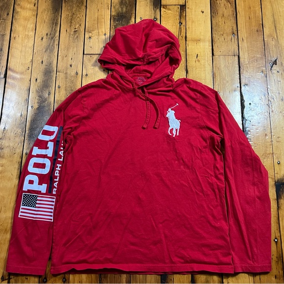 Polo Ralph Lauren Other - Polo Ralph Lauren Mens Large Big Pony Spellout Logo American Flag Red Hoodie Tee